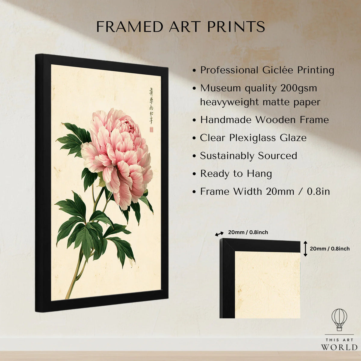 Pink Peony Art Print – Japanese Botanical Wall Art — framed print details measurements quality details