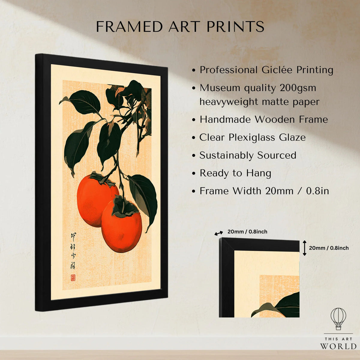 Persimmon Art Print – Japanese Botanical Kitchen Wall Art — framed print details measurements quality details