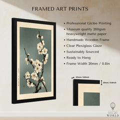 White Plum Blossom Art Print – Japanese Botanical Wall Art — framed print details measurements quality details