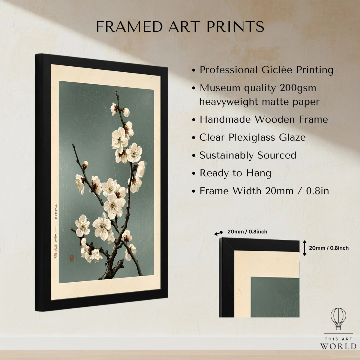White Plum Blossom Art Print – Japanese Botanical Wall Art — framed print details measurements quality details