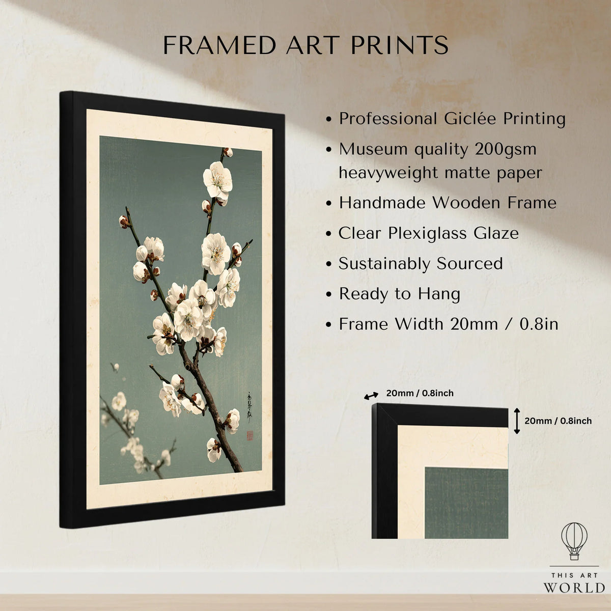 Plum Blossom Wall Art – Vintage Japanese Botanical Print — framed print details measurements quality details