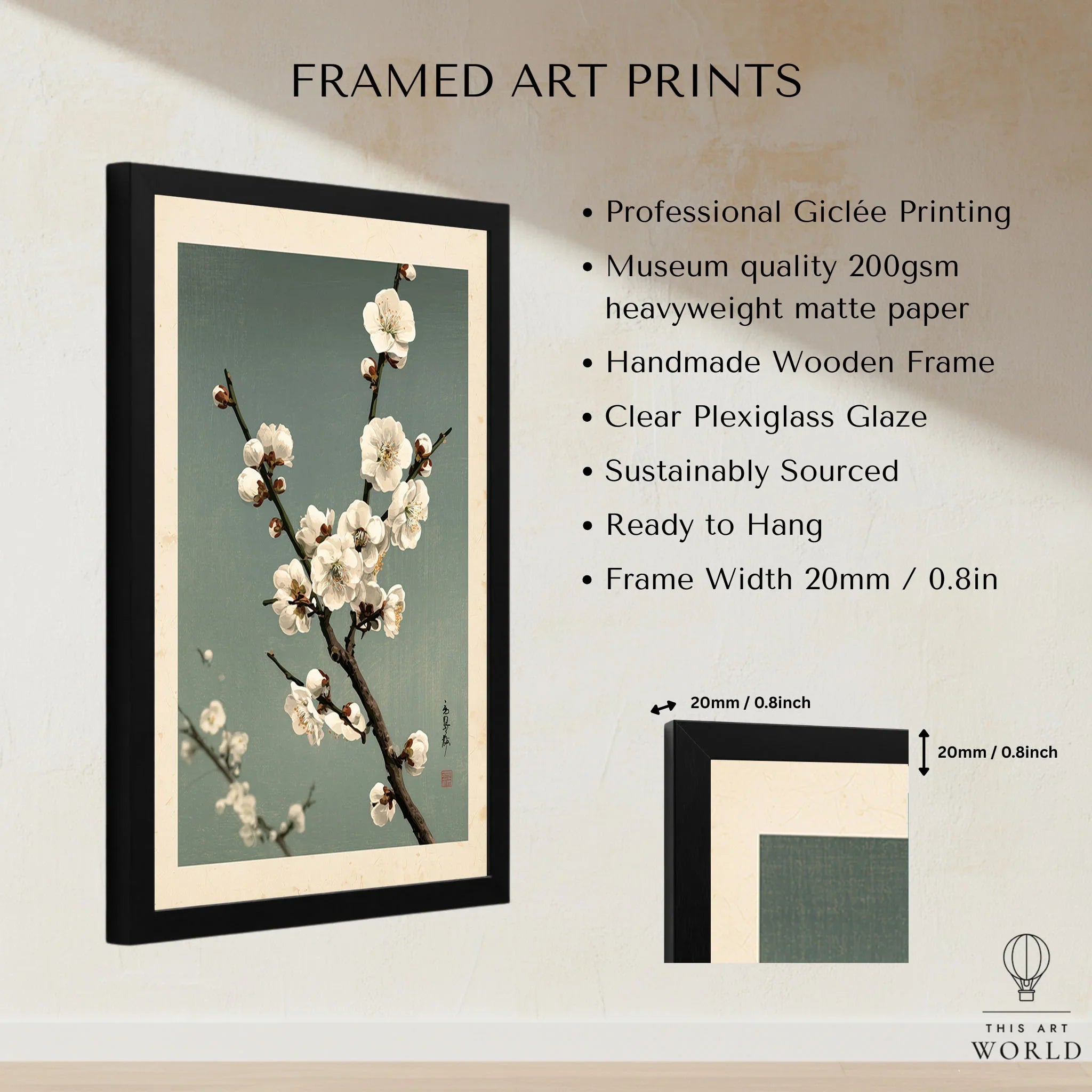 Plum Blossom Wall Art – Vintage Japanese Botanical Print — framed print details measurements quality details