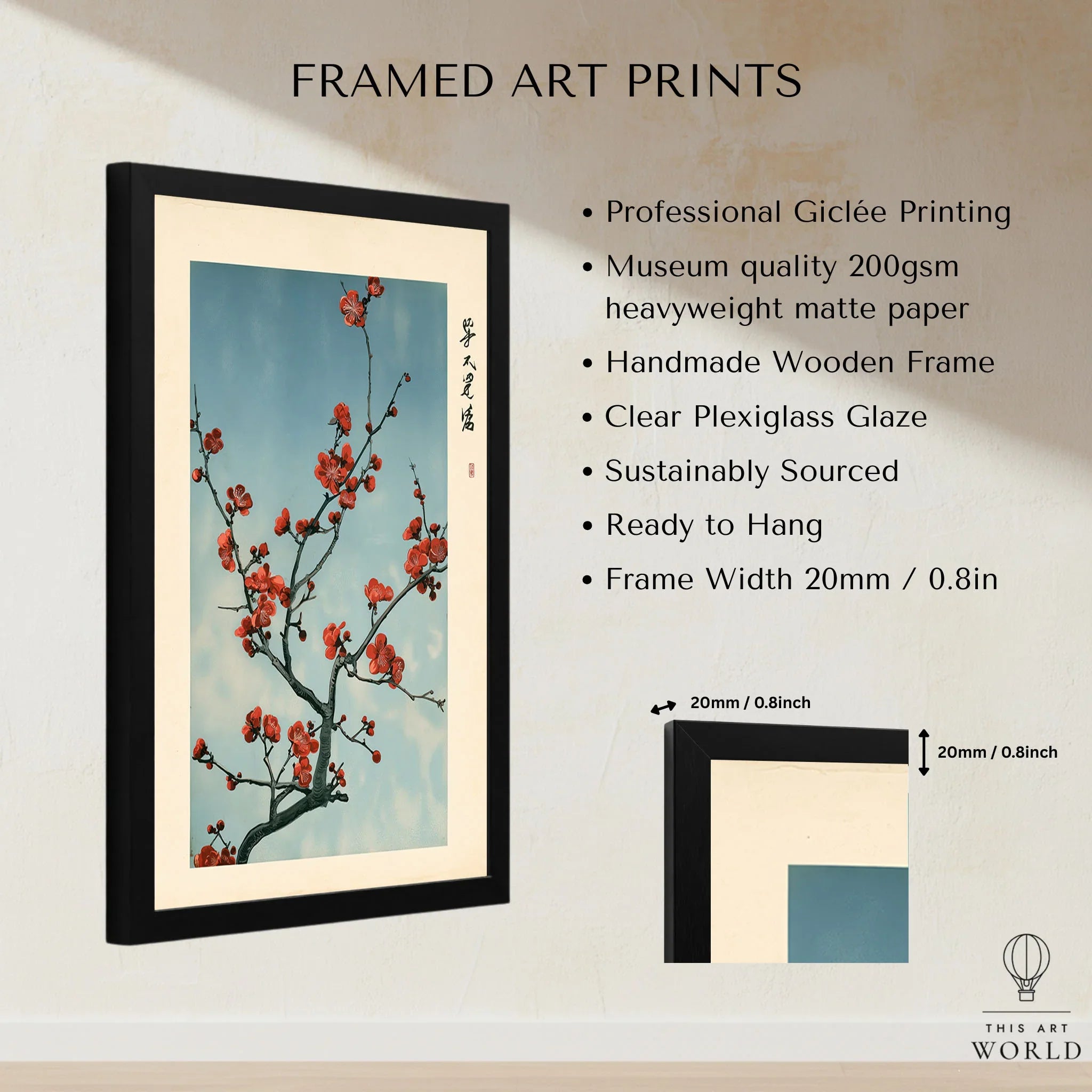 Red Plum Blossom Art Print – Blue Japanese Wall Art — framed print details measurements quality details