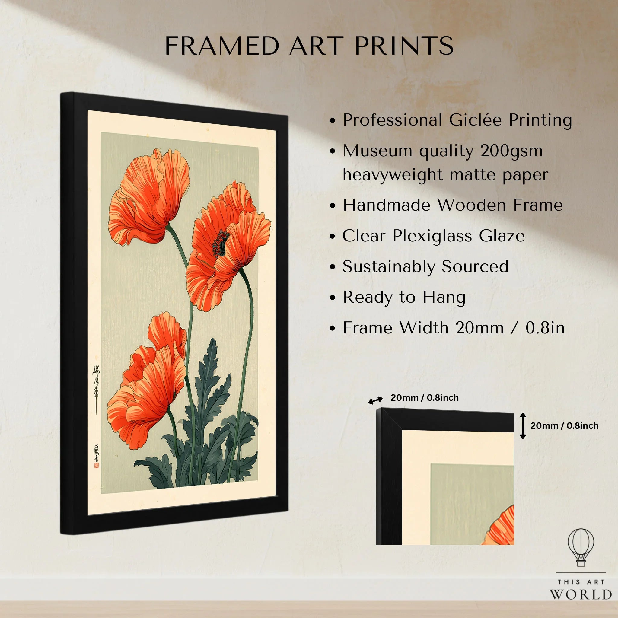 Orange Poppy Art Print – Vintage Japanese Floral Wall Art — framed print details measurements quality details