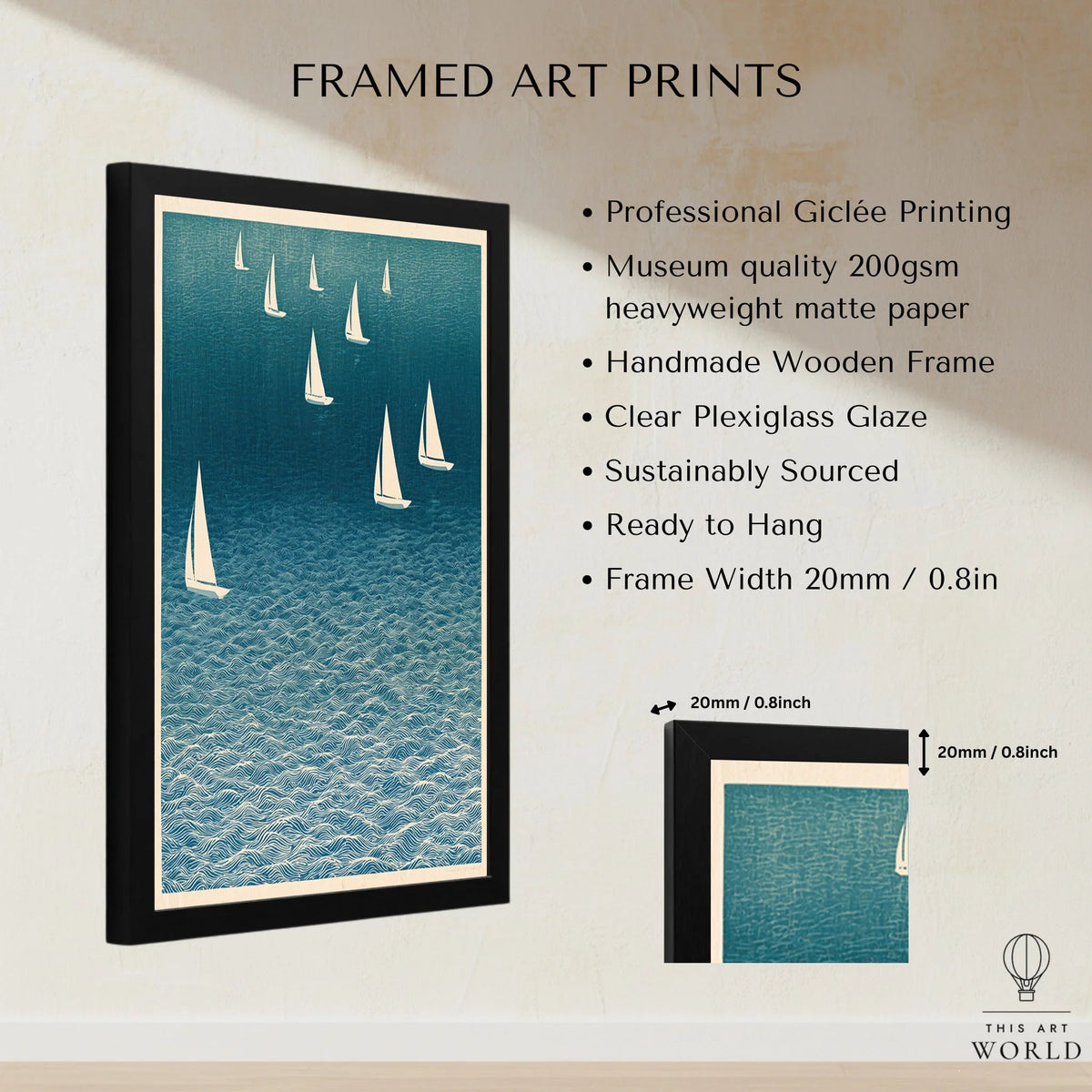 Sailing Boats Art Print – Blue Japanese Coastal Wall Art — framed print details measurements quality details