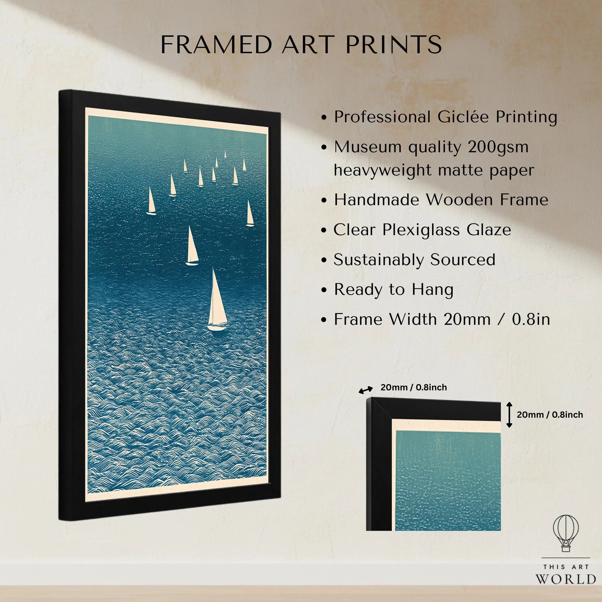 Sailboat Wall Art – Japanese Blue Ocean Print — framed print details measurements quality details
