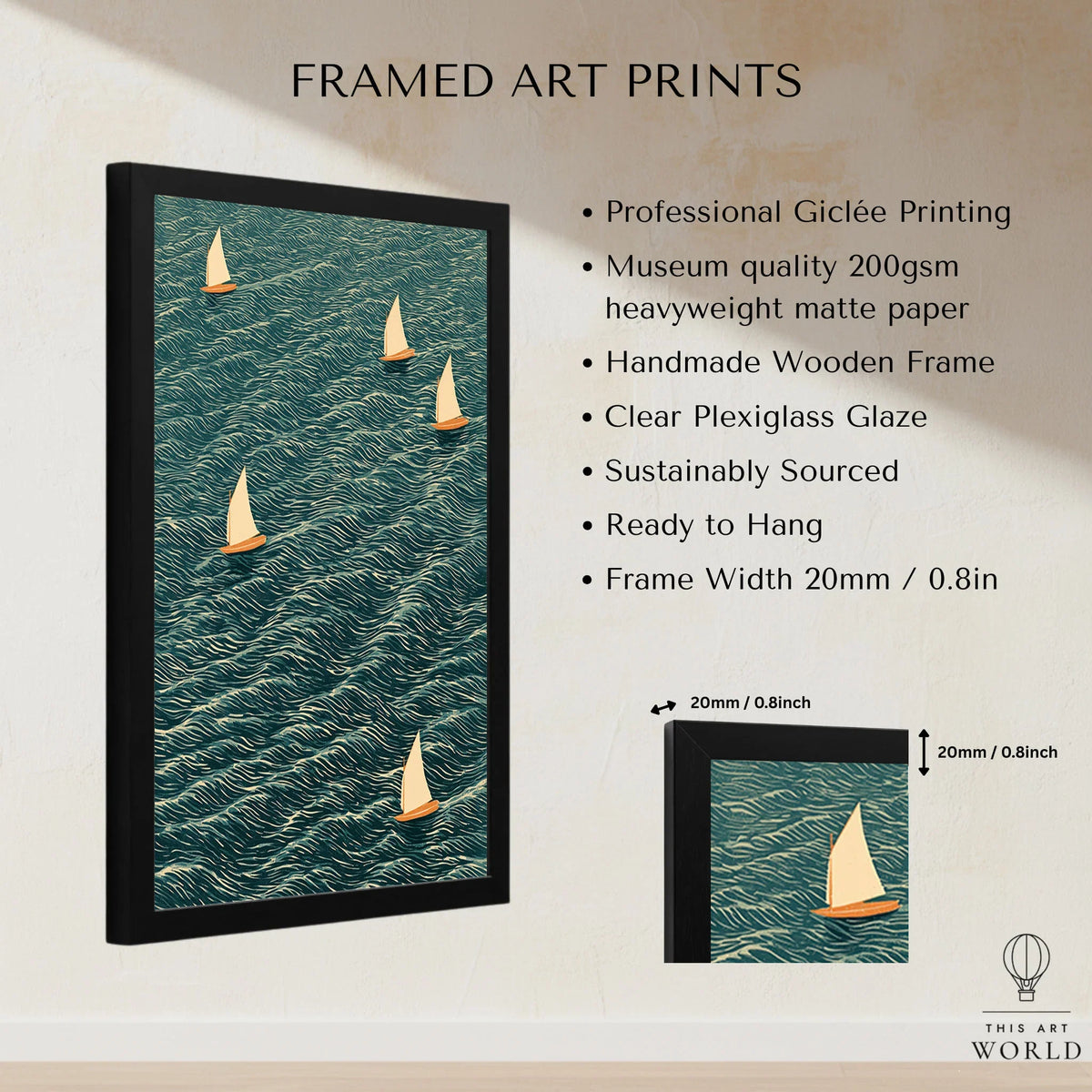 Sailing Boats Wall Art – Vintage Japanese Coastal Print — framed print details measurements quality details