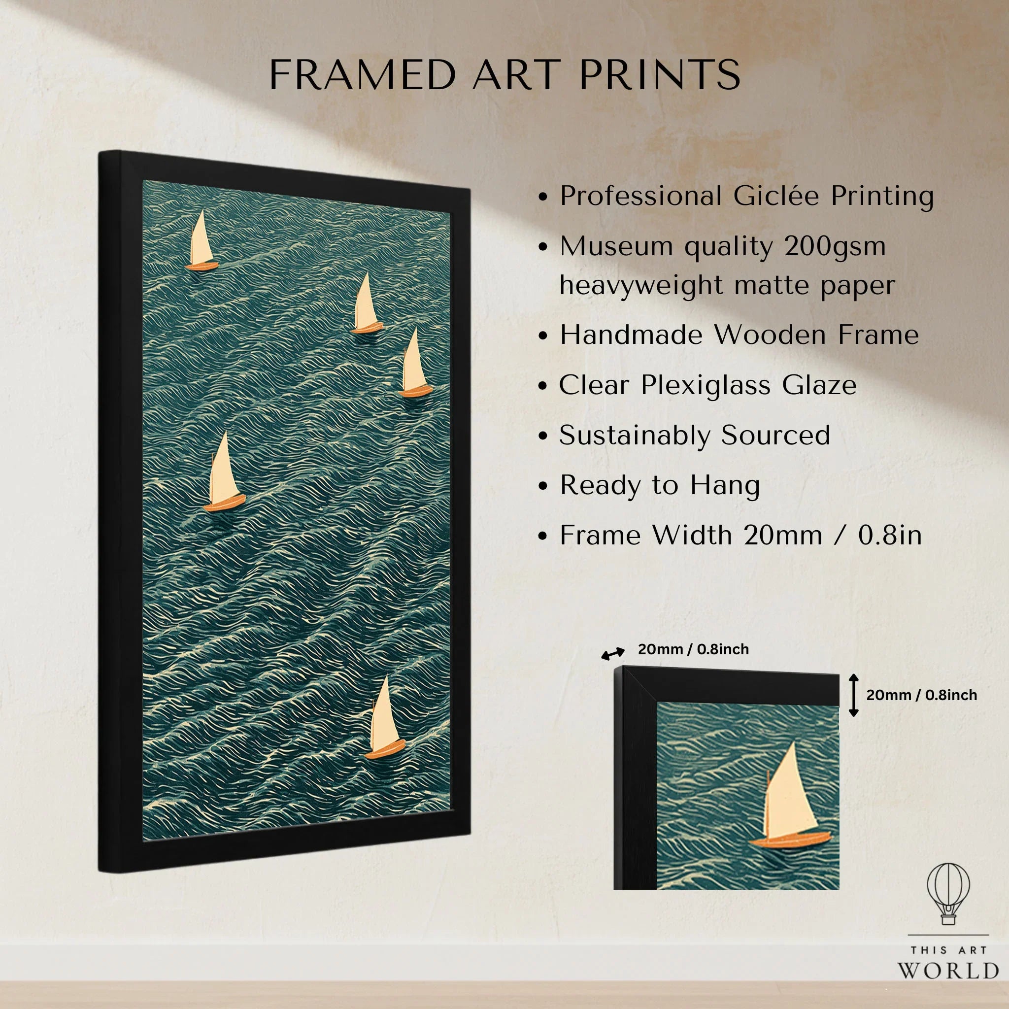 Sailing Boats Wall Art – Vintage Japanese Coastal Print — framed print details measurements quality details