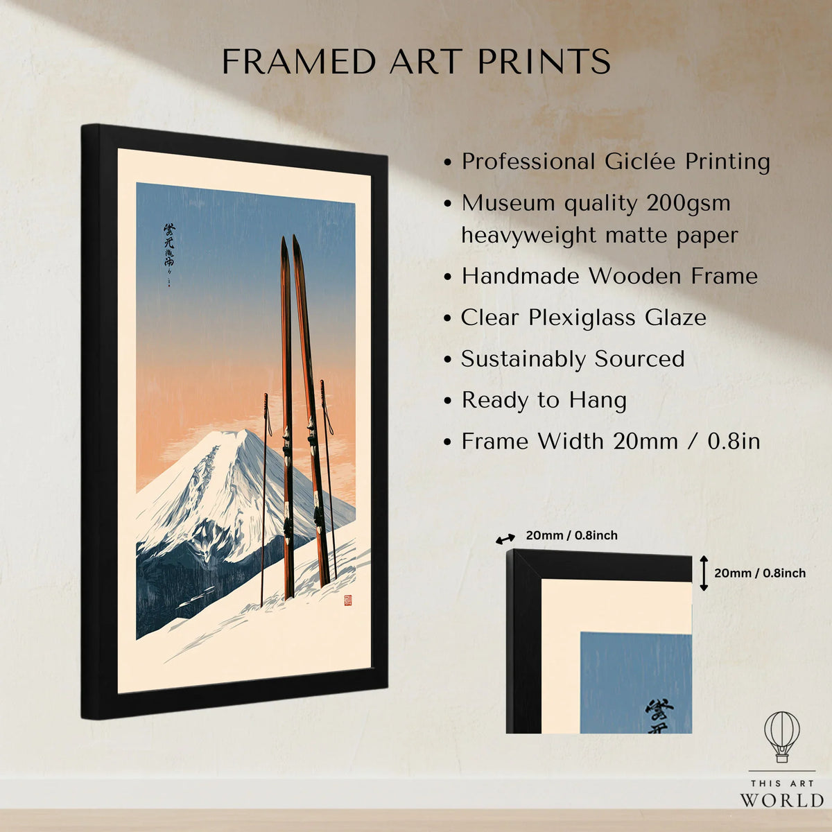 Vintage Ski Poster – Mount Fuji Japanese Alpine Wall Art — framed print details measurements quality details