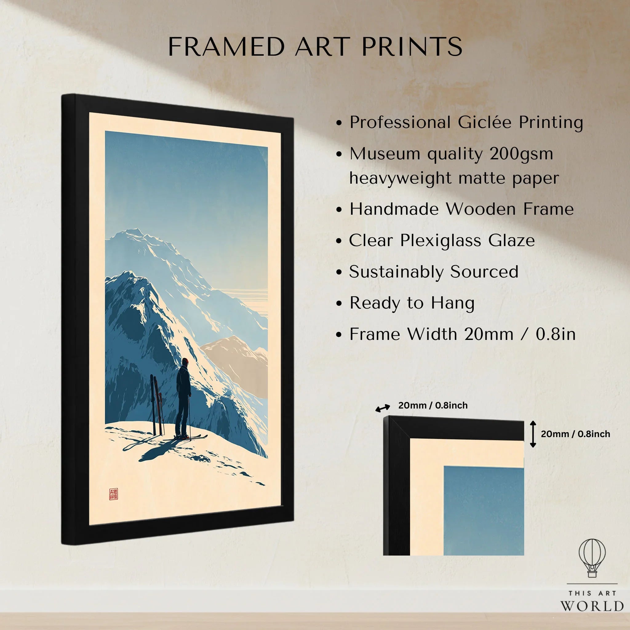 Ski Touring Art Print – Vintage Alpine Poster Wall Art — framed print details measurements quality details