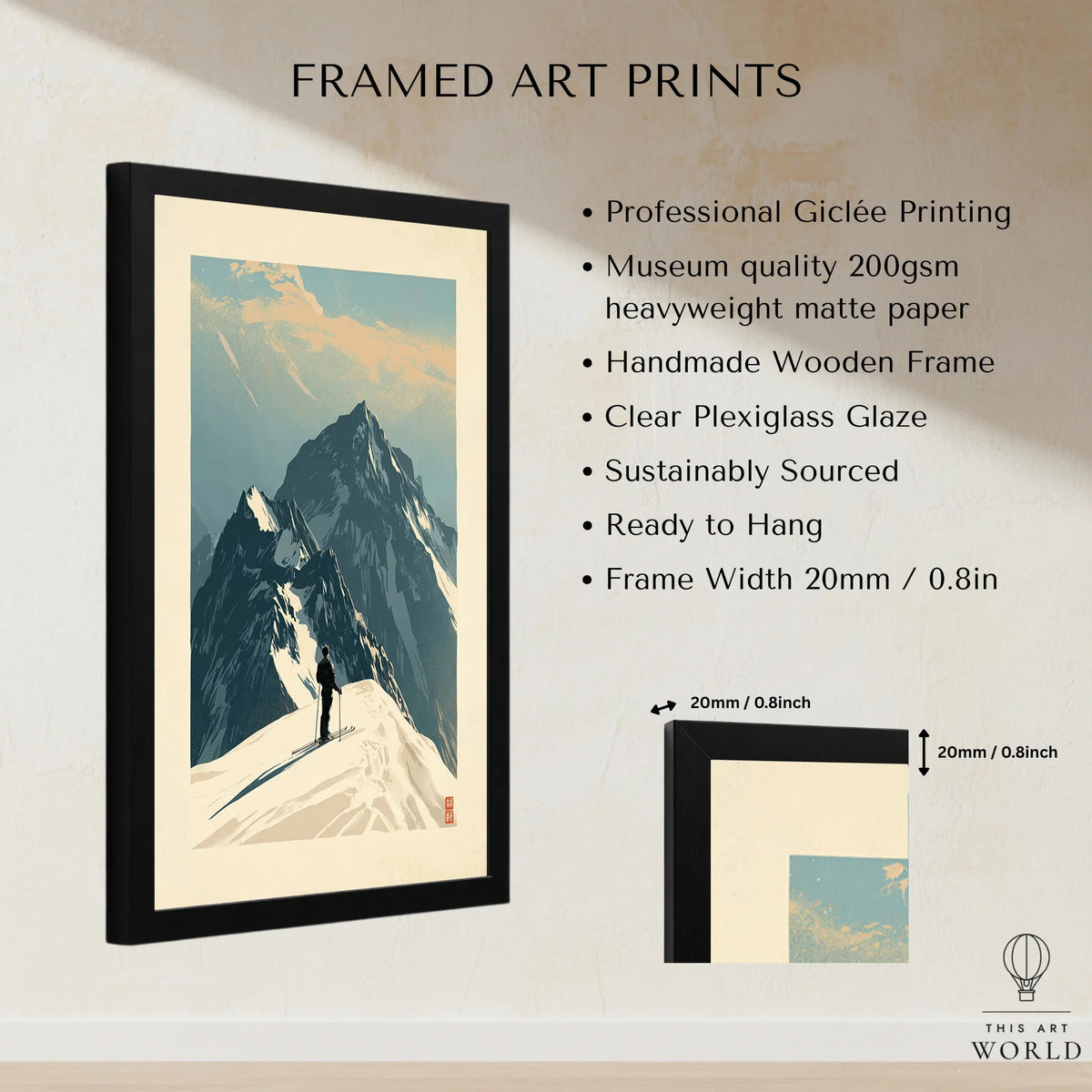 Ski Mountaineering Print – Vintage Alpine Summit Wall Art — framed print details measurements quality details