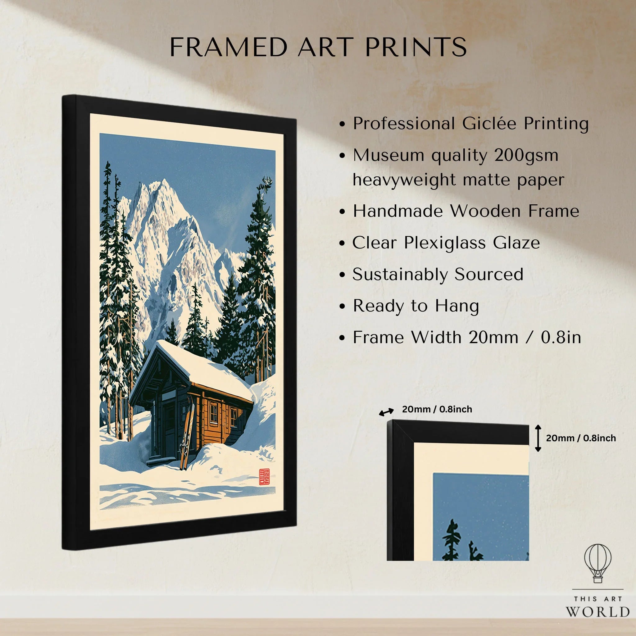 Ski Cabin Art Print – Vintage Alpine Chalet Wall Art — framed print details measurements quality details