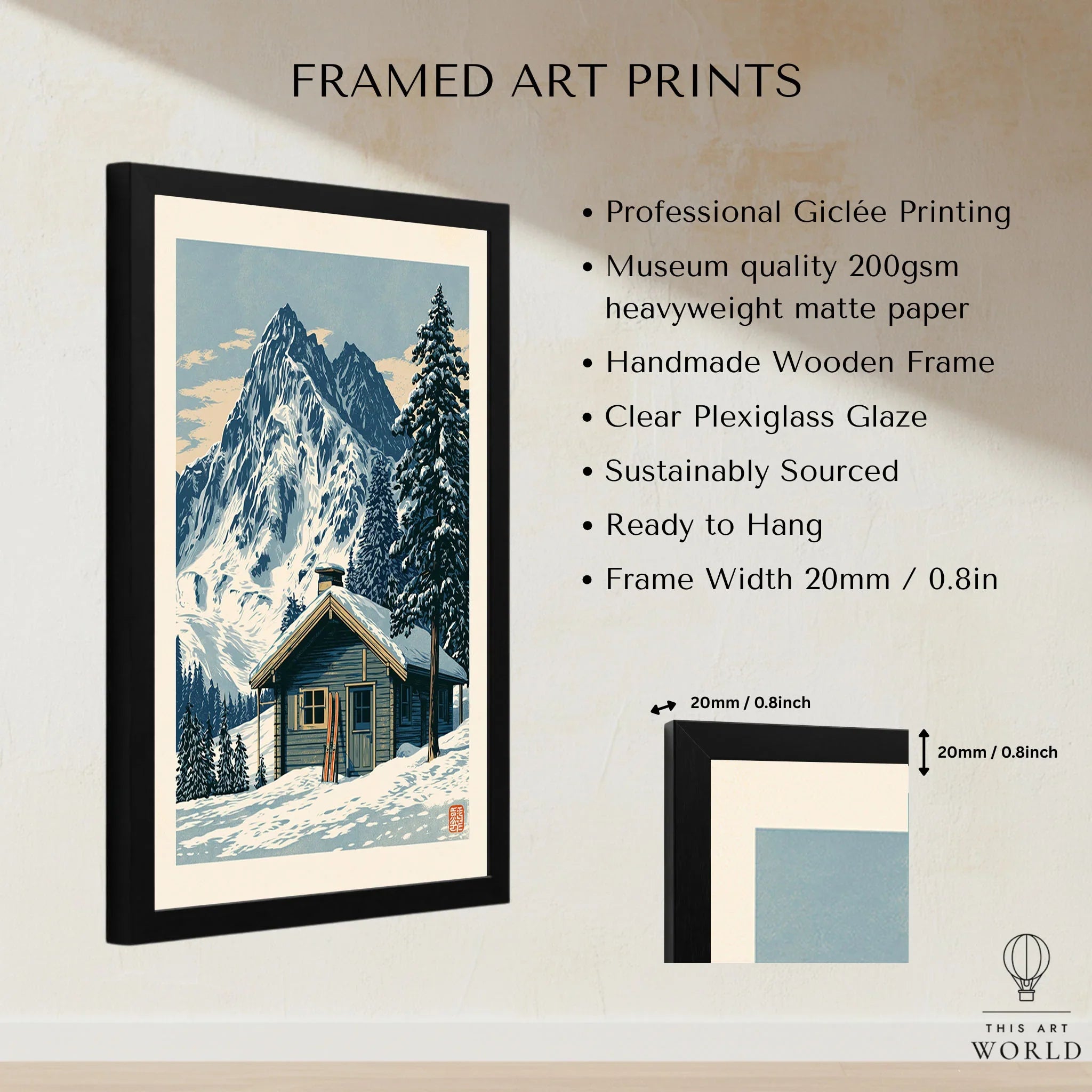 Ski Hut Poster – Vintage Alpine Cabin Wall Art — framed print details measurements quality details