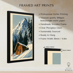 Log Cabin Ski Print – Vintage Alpine Lodge Wall Art — framed print details measurements quality details
