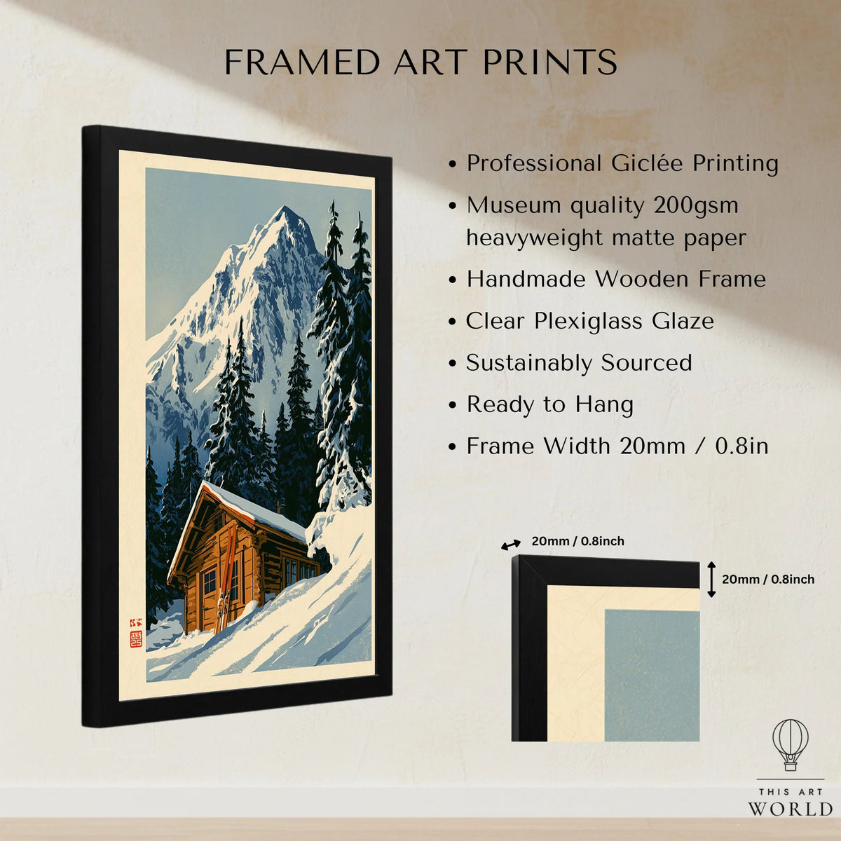 Log Cabin Ski Print – Vintage Alpine Lodge Wall Art — framed print details measurements quality details