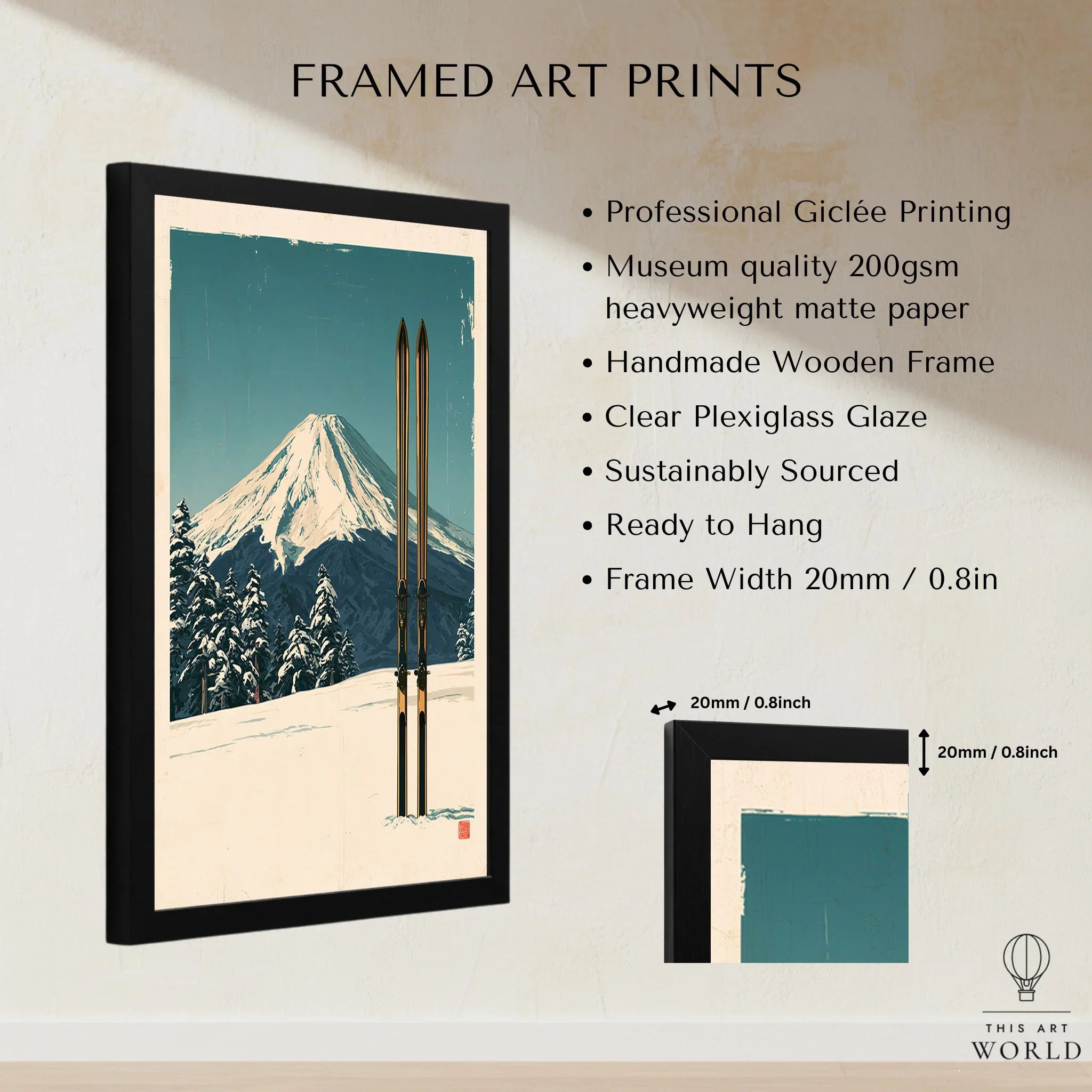 Mount Fuji Ski Poster – Vintage Japanese Alpine Print — framed print details measurements quality details
