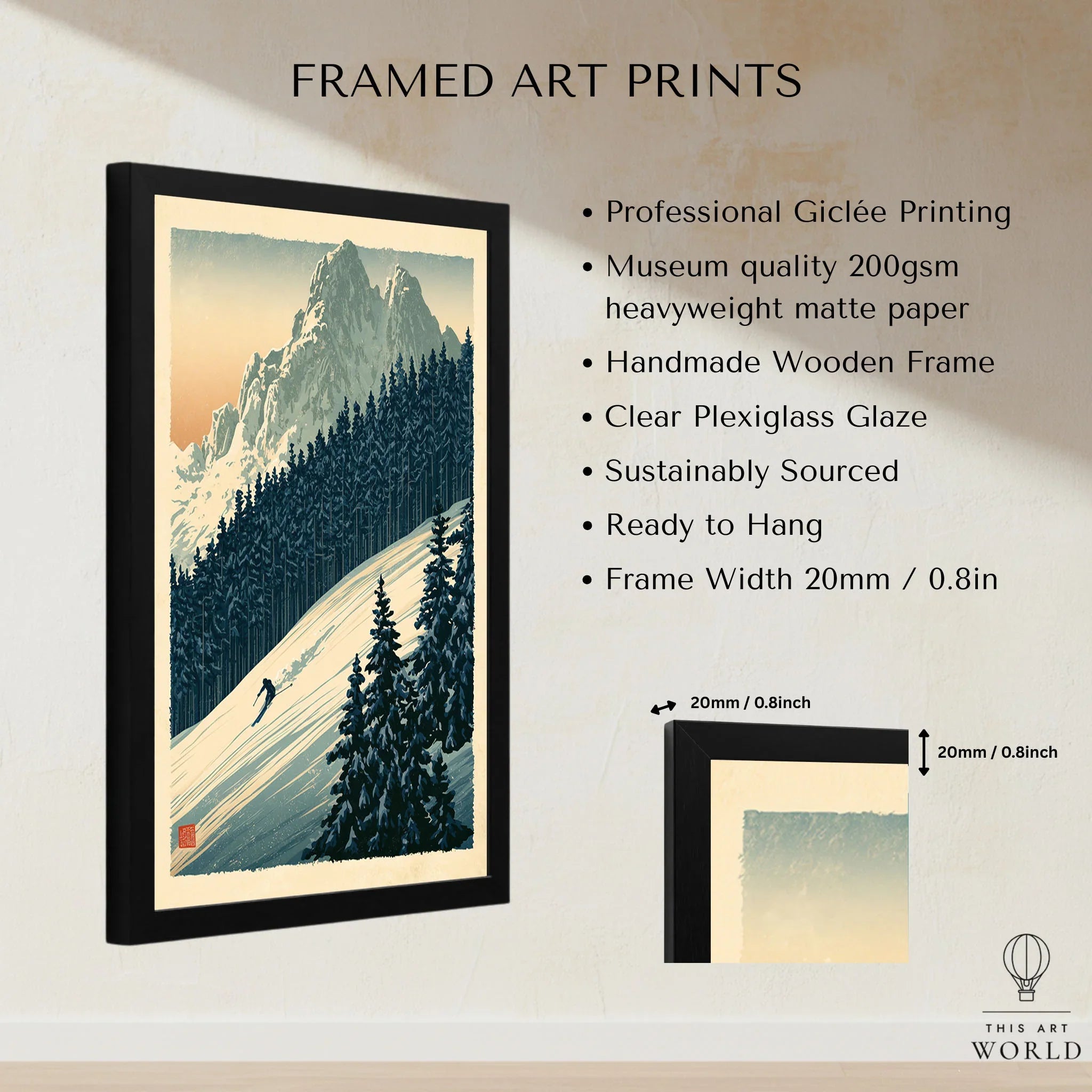 Alpine Ski Poster – Vintage Mountain Forest Wall Art — framed print details measurements quality details