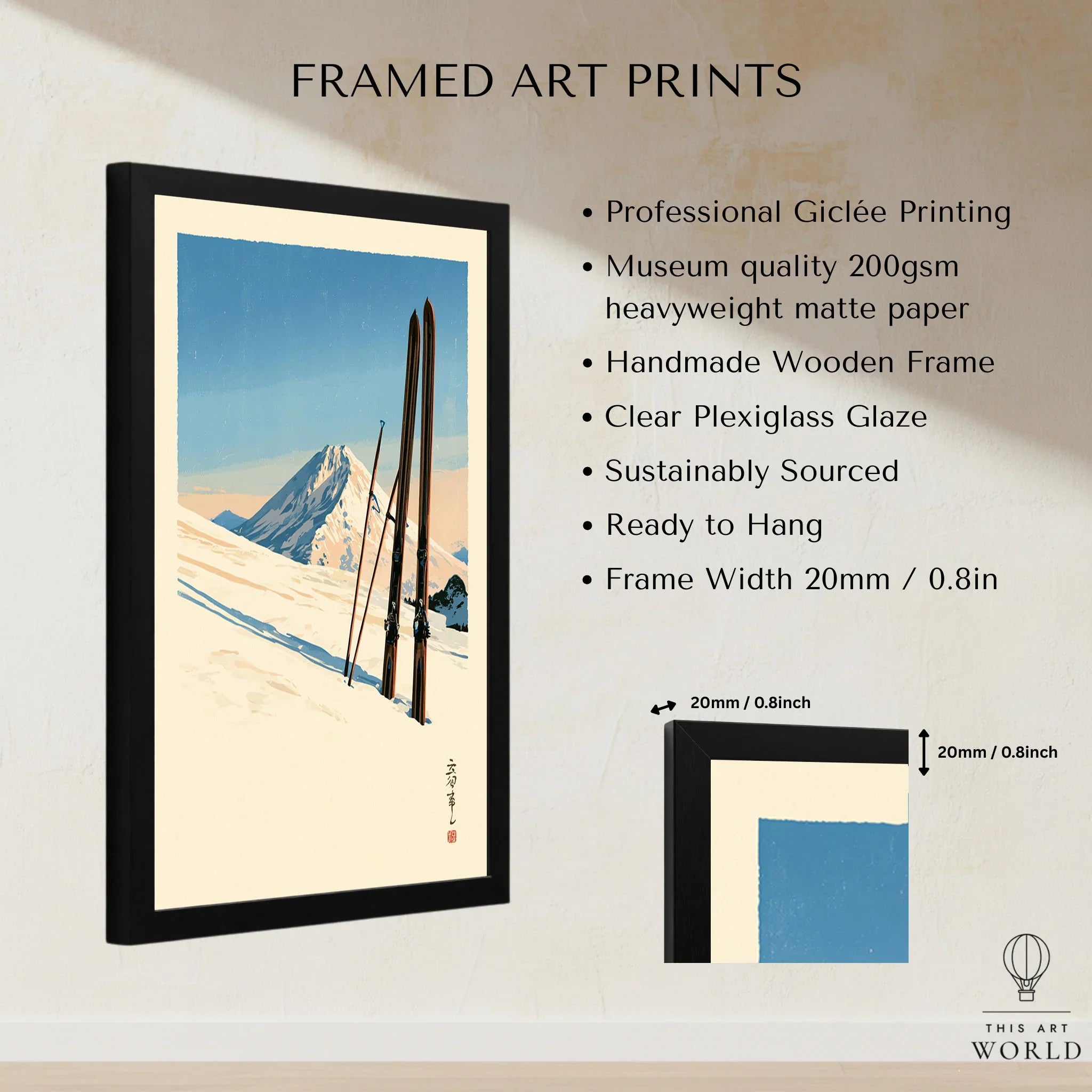 Vintage Ski Print – Japanese Woodblock Mountain Wall Art — framed print details measurements quality details