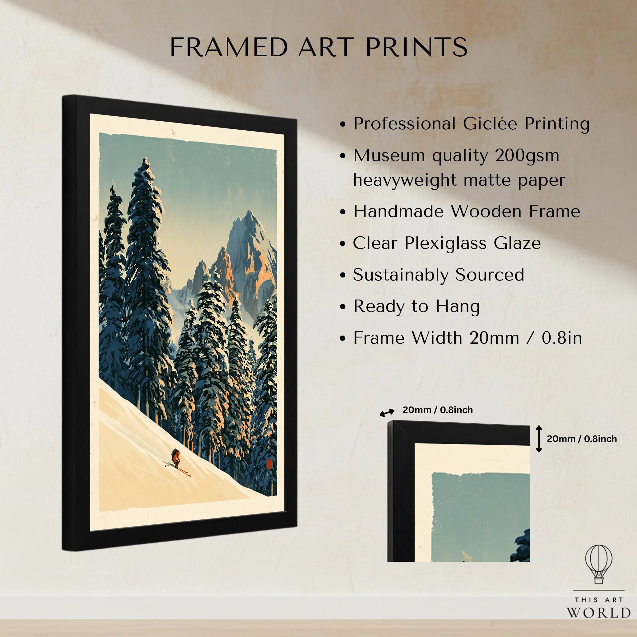 Ski Run Art Print – Vintage Alpine Forest Wall Art — framed print details measurements quality details