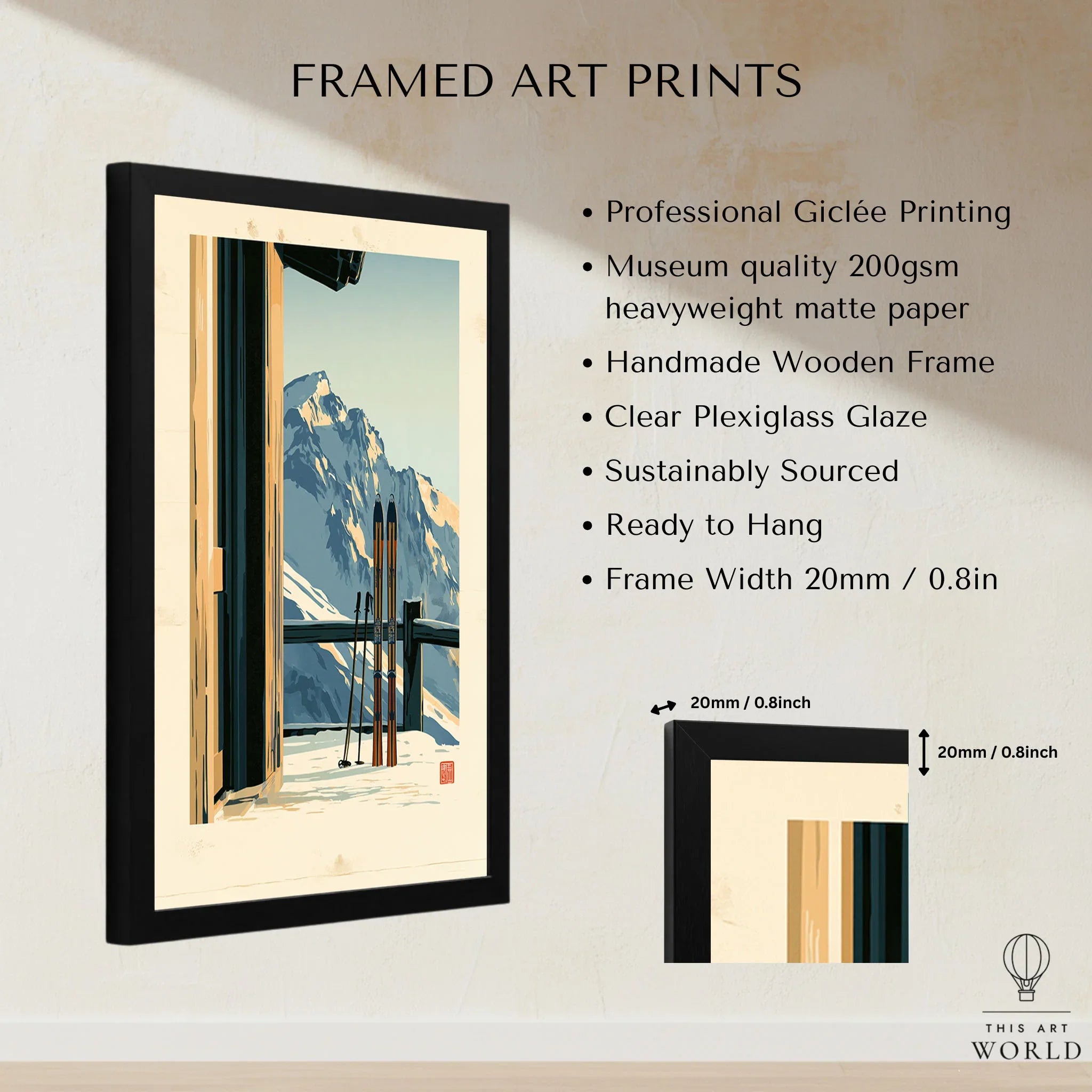 Chalet Ski Poster – Vintage Alpine Balcony Wall Art — framed print details measurements quality details