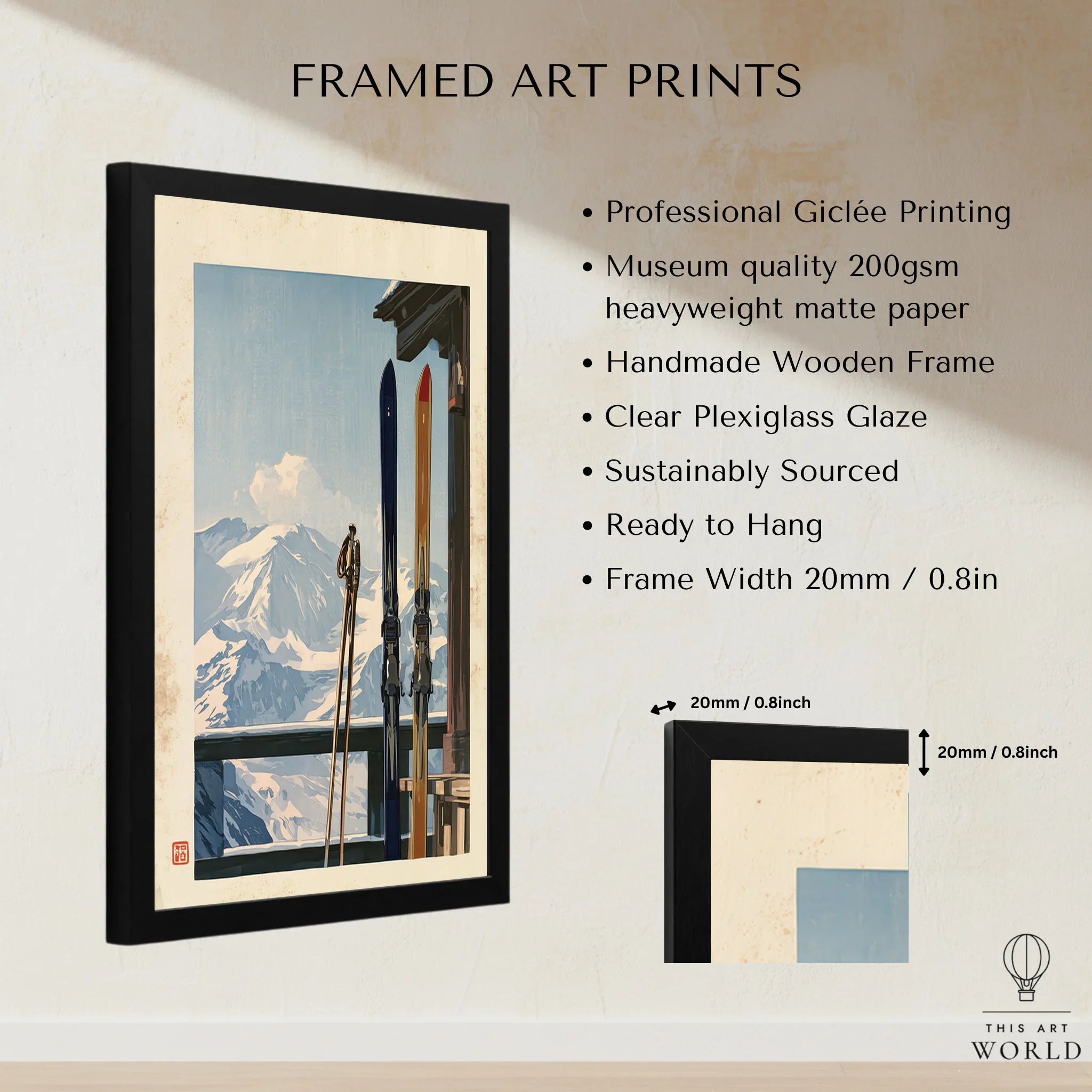 Vintage Skis Art Print – Alpine Chalet Balcony Wall Art — framed print details measurements quality details