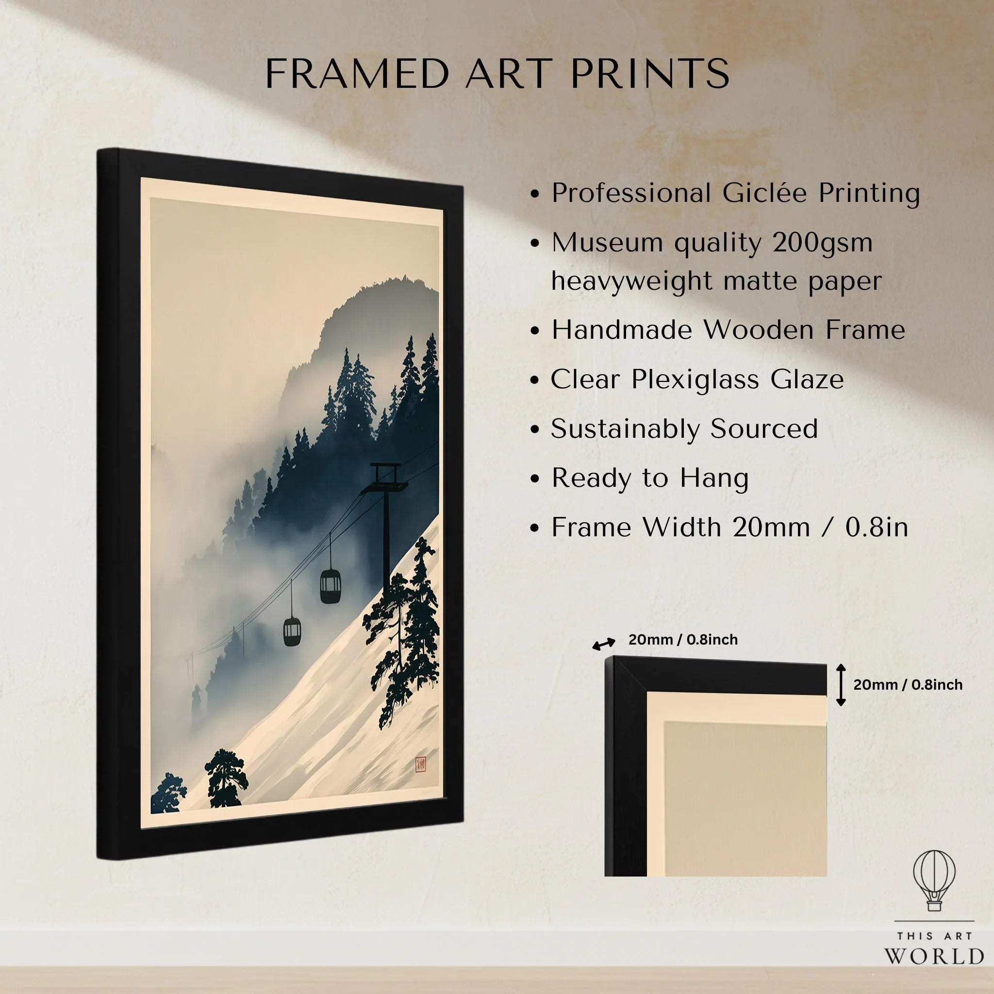 Ski Lift in Mist Print – Vintage Alpine Wall Art — framed print details measurements quality details