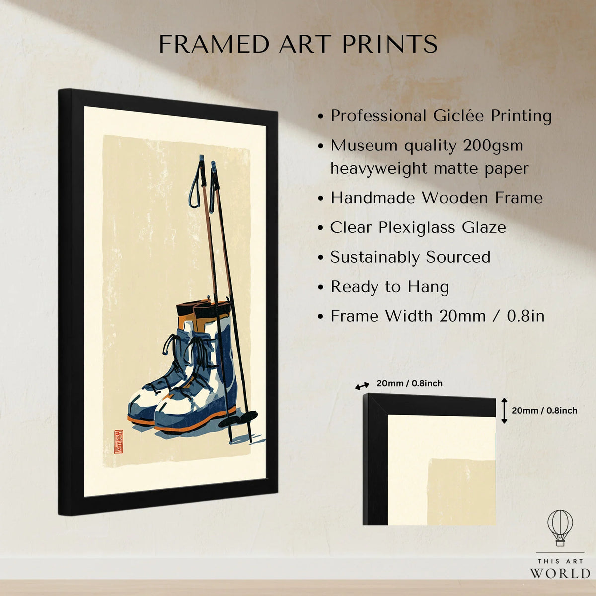 Vintage Ski Boots Art Print – Retro Ski Poster Wall Art — framed print details measurements quality details