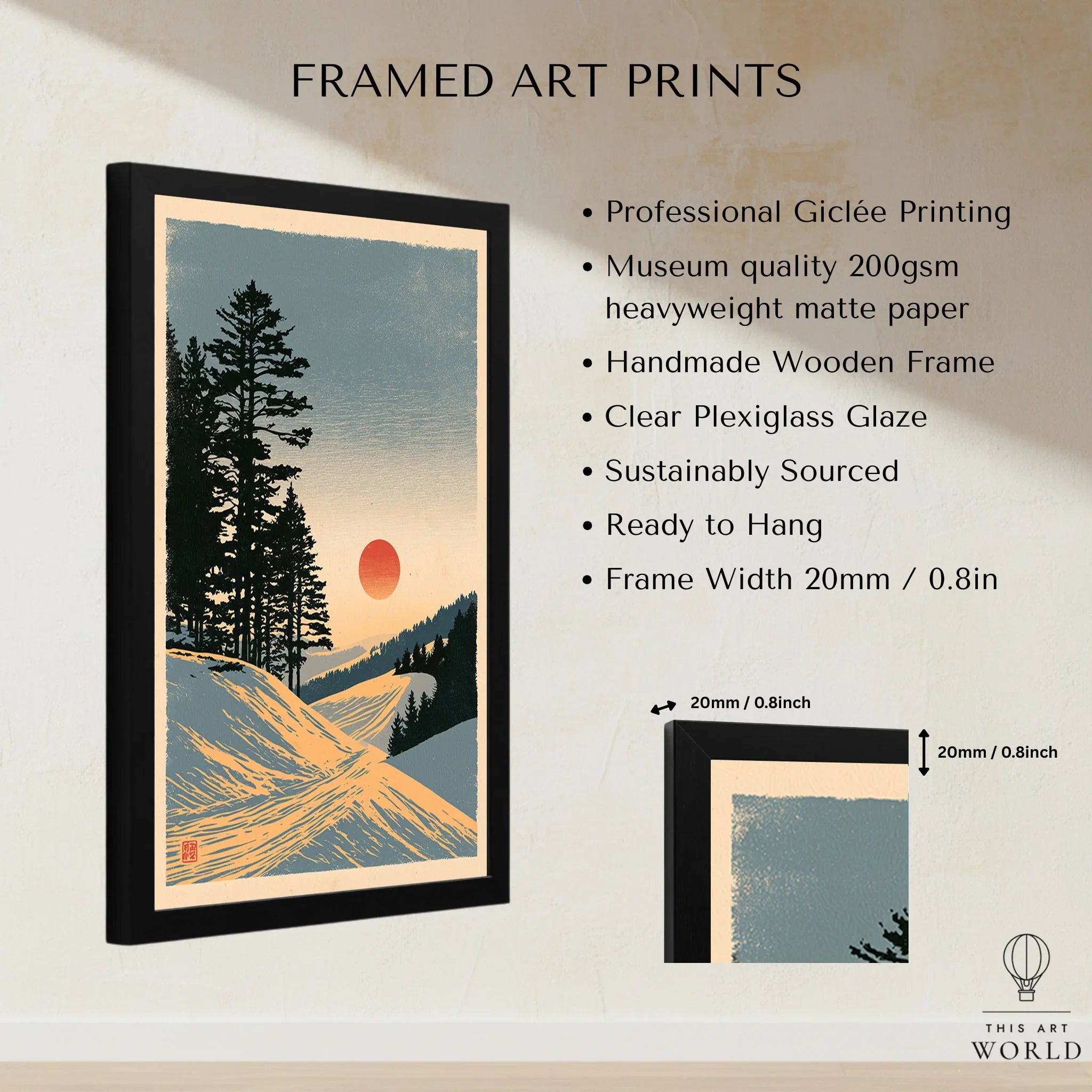 Ski Sunset Poster – Vintage Japanese Alpine Wall Art — framed print details measurements quality details