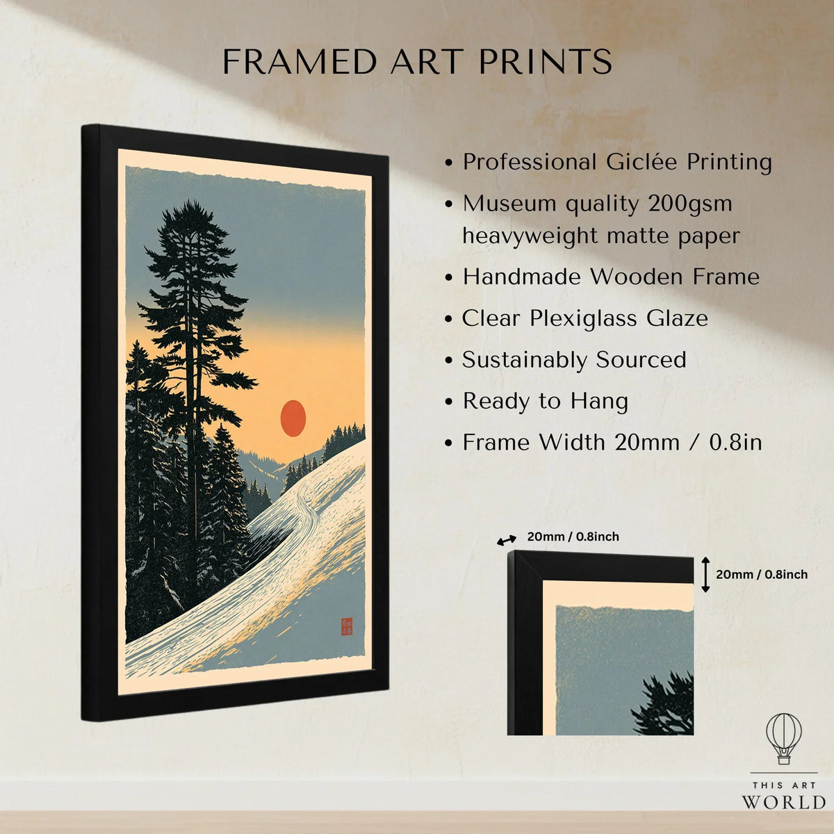 Winter Sunset Ski Print – Vintage Alpine Wall Art — framed print details measurements quality details