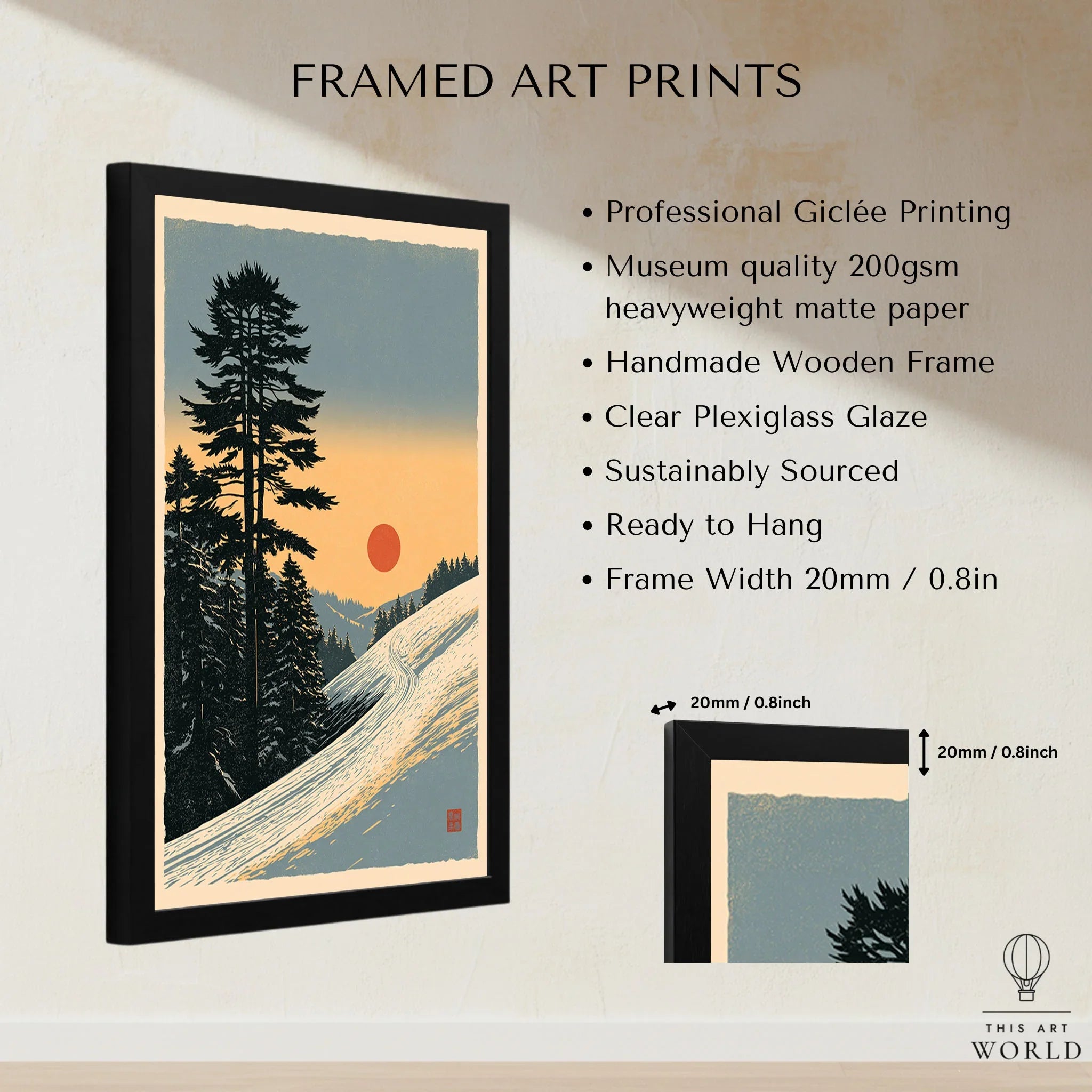 Winter Sunset Ski Print – Vintage Alpine Wall Art — framed print details measurements quality details
