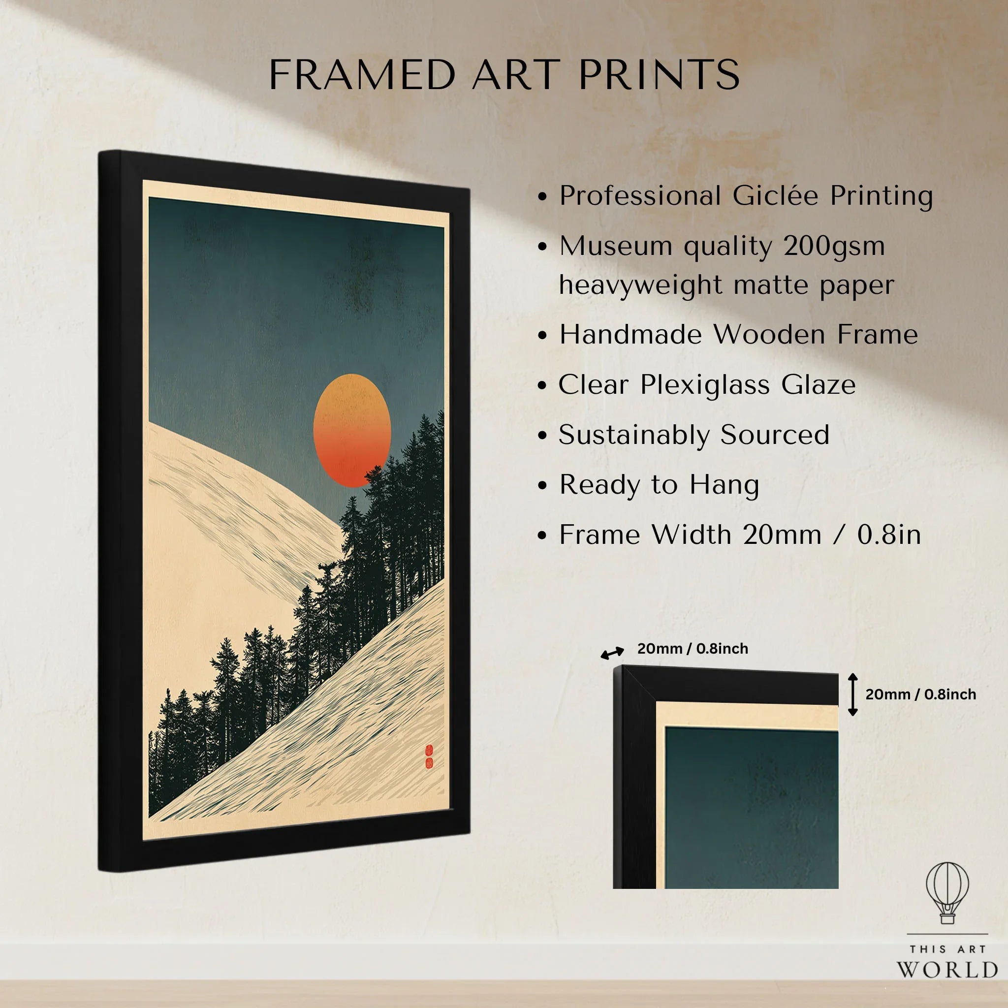 Ski Slope Art Print – Vintage Winter Sunset Wall Art — framed print details measurements quality details