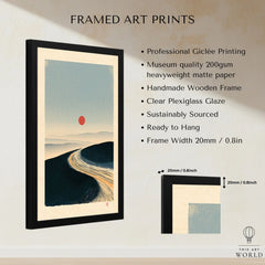 Minimalist Ski Poster – Japanese Red Sun Snow Wall Art — framed print details measurements quality details