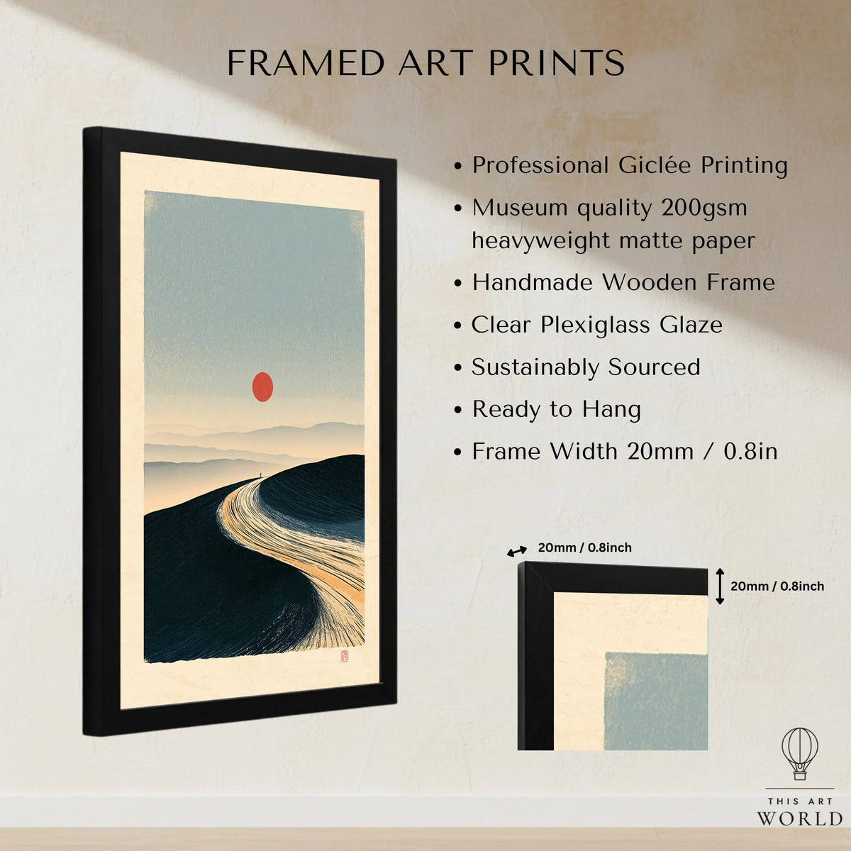 Minimalist Ski Poster – Japanese Red Sun Snow Wall Art — framed print details measurements quality details