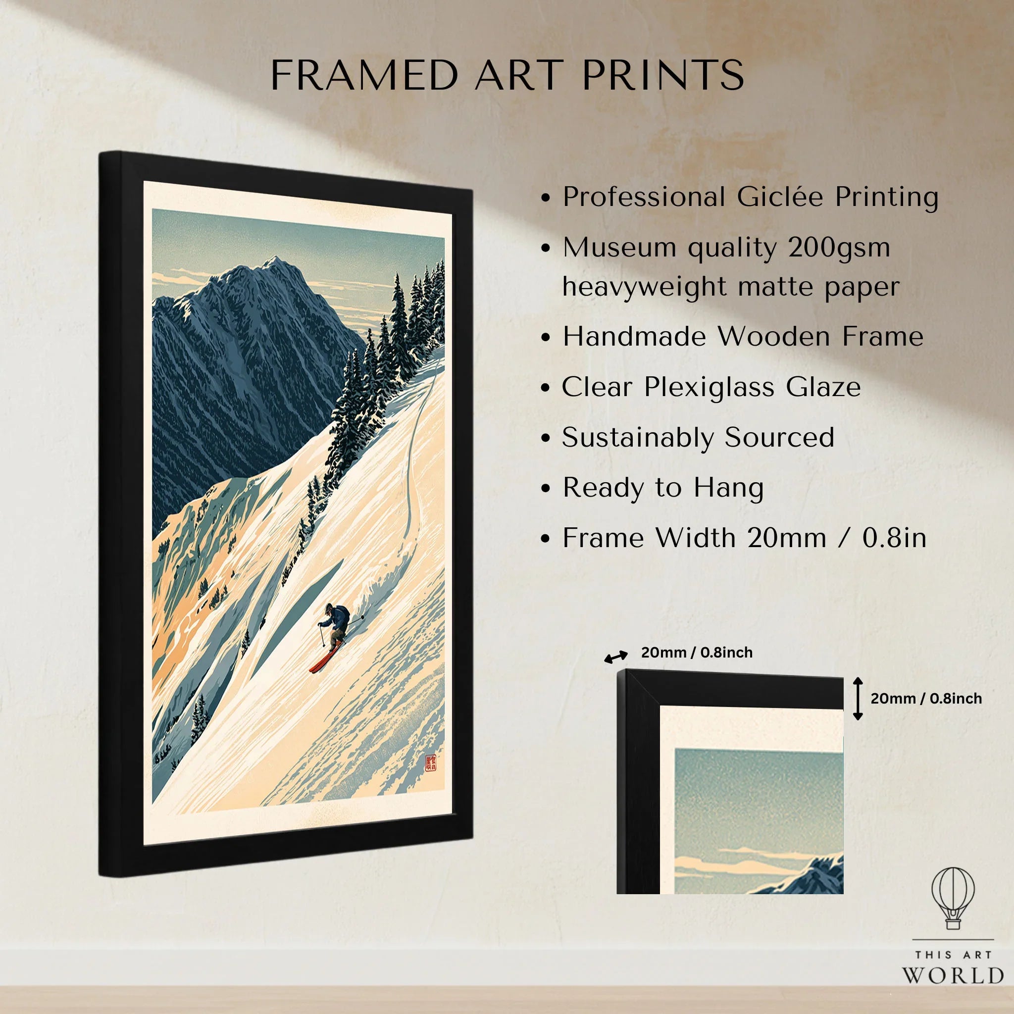 Powder Skiing Poster – Vintage Alpine Ski Wall Art — framed print details measurements quality details