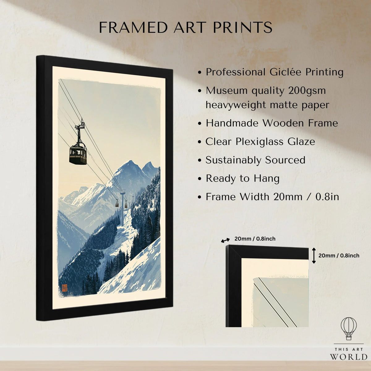 Ski Lift Art Print – Vintage Alpine Gondola Wall Art — framed print details measurements quality details