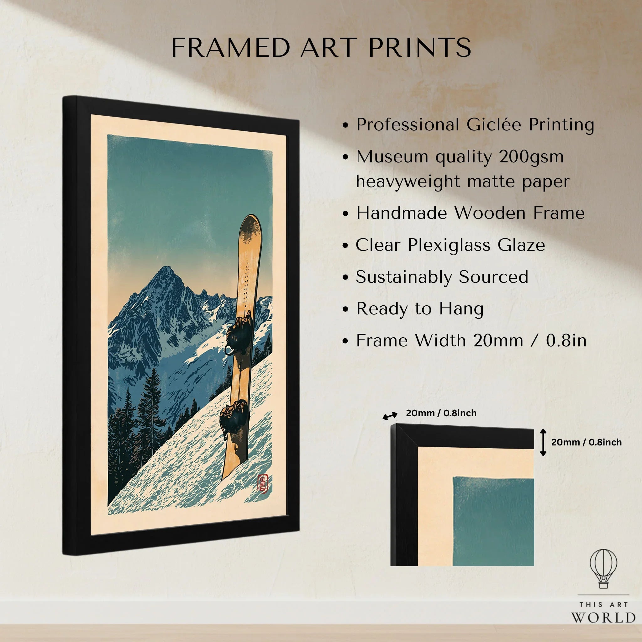 Vintage Snowboard Poster – Alpine Mountain Wall Art — framed print details measurements quality details