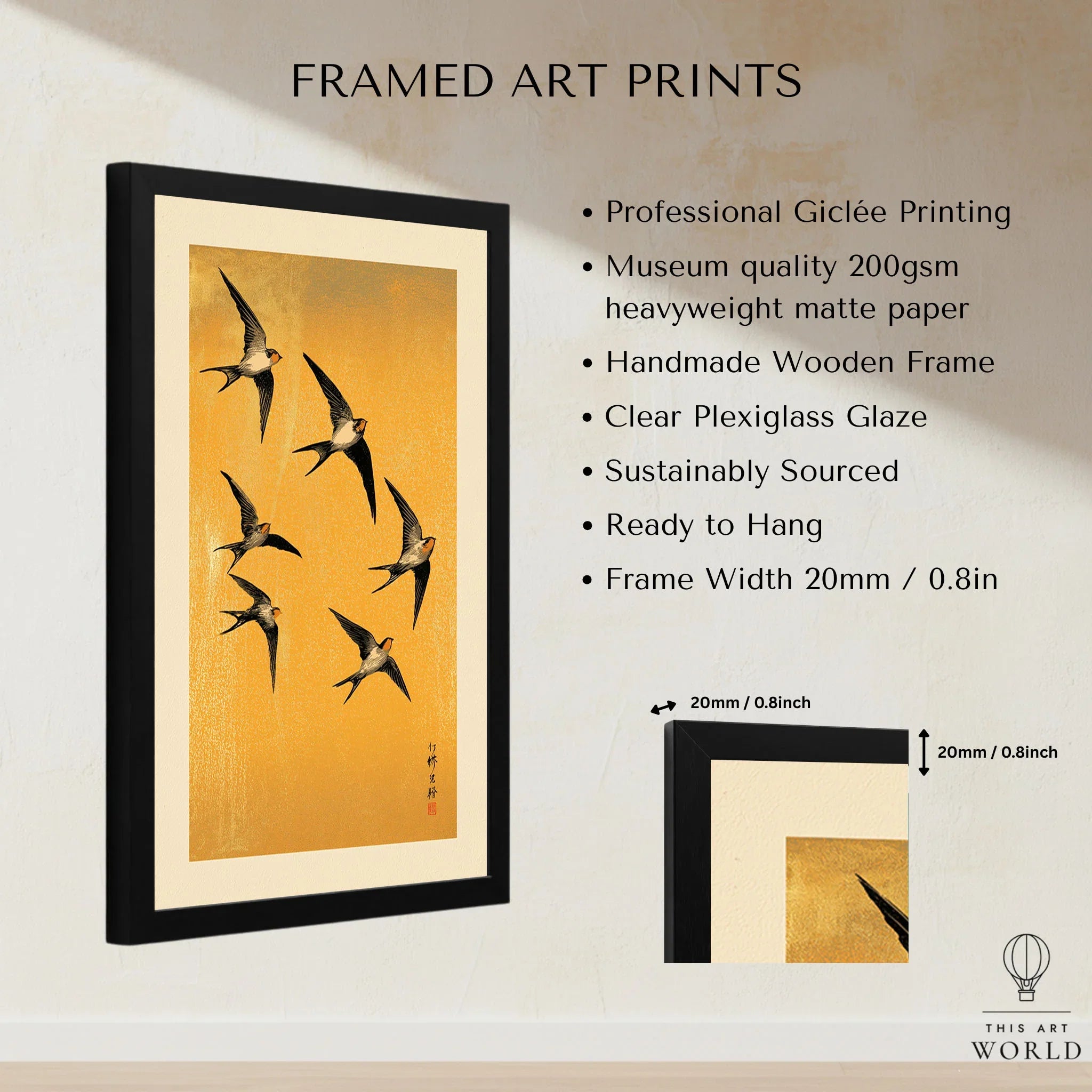 Swallows Art Print – Gold Japanese Bird Wall Art — framed print details measurements quality details