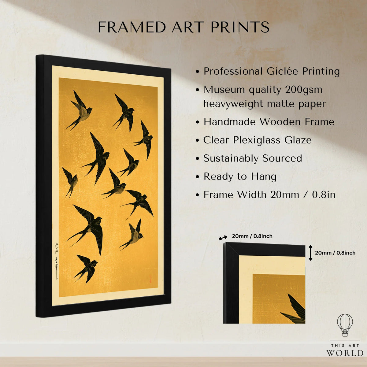 Flying Swallows Wall Art – Vintage Japanese Gold Print — framed print details measurements quality details