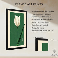 White Tulip Art Print – Green Japanese Botanical Wall Art — framed print details measurements quality details