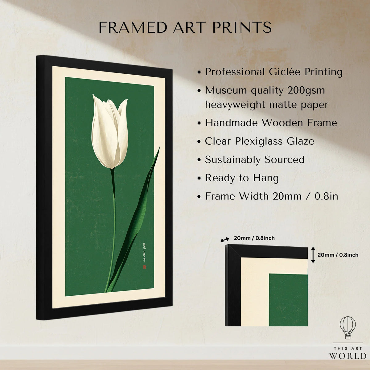 White Tulip Art Print – Green Japanese Botanical Wall Art — framed print details measurements quality details