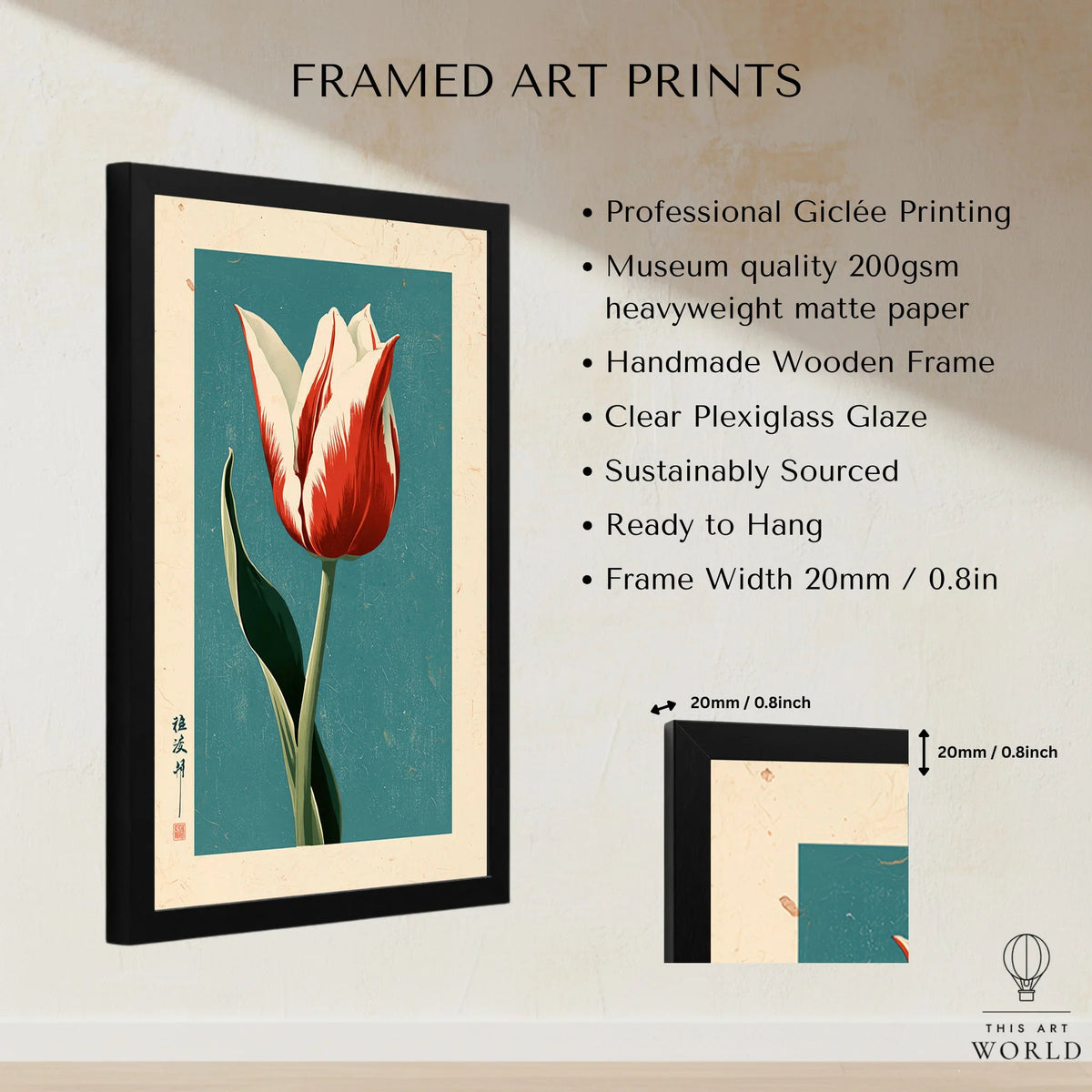 Striped Tulip Art Print – Blue Japanese Botanical Wall Art — framed print details measurements quality details