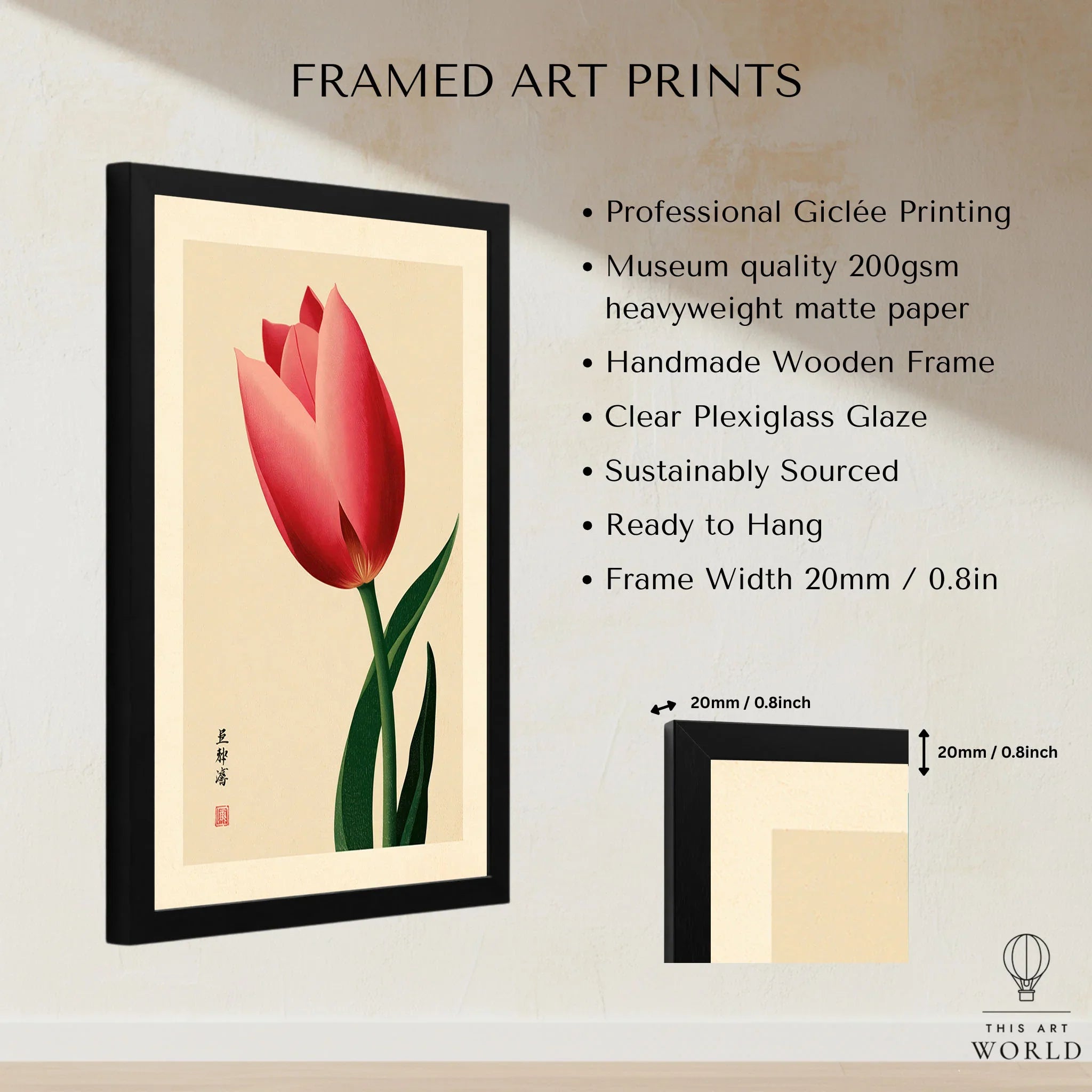 Pink Tulip Art Print – Japanese Botanical Wall Art — framed print details measurements quality details