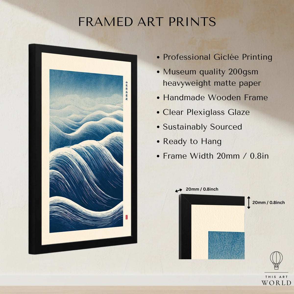 Ocean Wave Art Print – Blue Japanese Woodblock Wall Art — framed print details measurements quality details