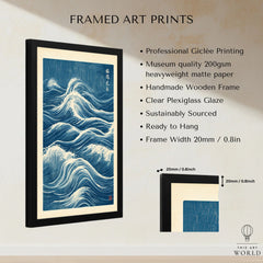 Japanese Waves Wall Art – Vintage Blue Ocean Print — framed print details measurements quality details