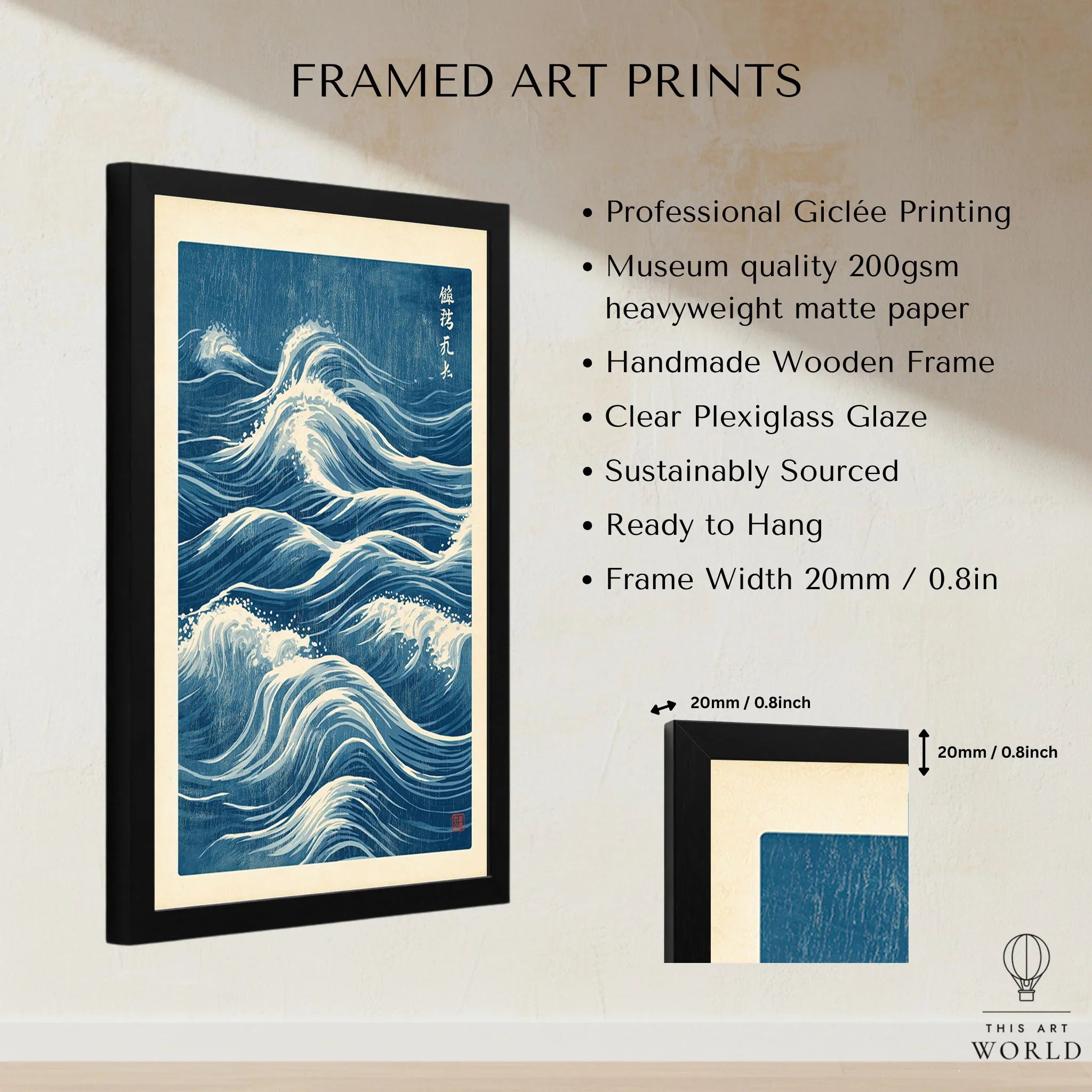 Japanese Waves Wall Art – Vintage Blue Ocean Print — framed print details measurements quality details
