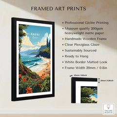 Kauai Print framed print specifications: handmade wooden frame, clear plexiglass glaze, 20mm frame width, ready to hang