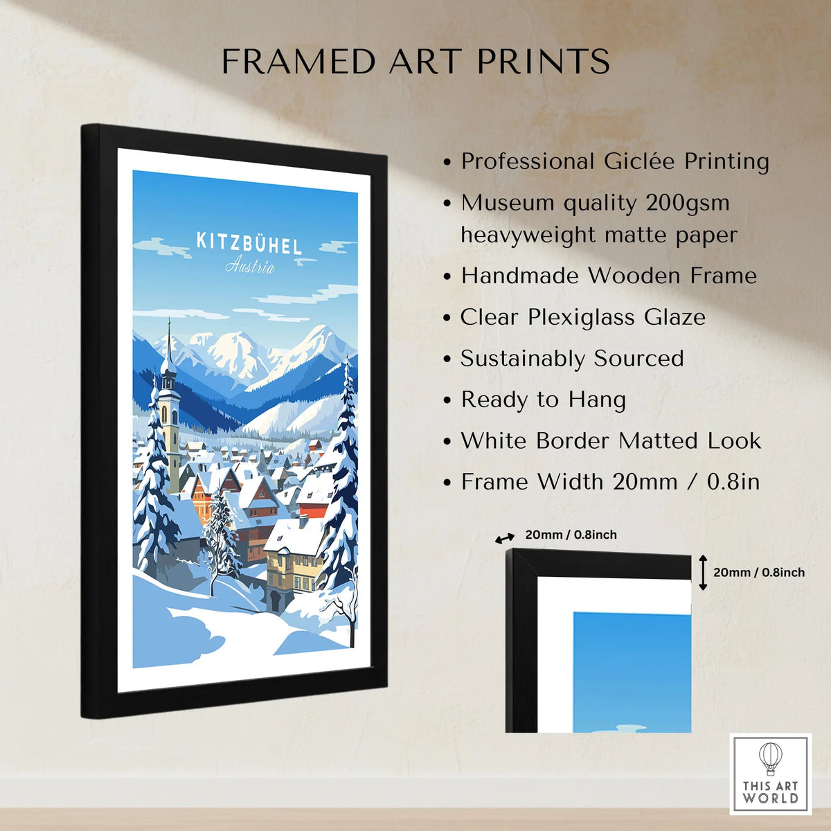 Kitzbuhel Poster framed print specifications: handmade wooden frame, clear plexiglass glaze, 20mm frame width, ready to hang