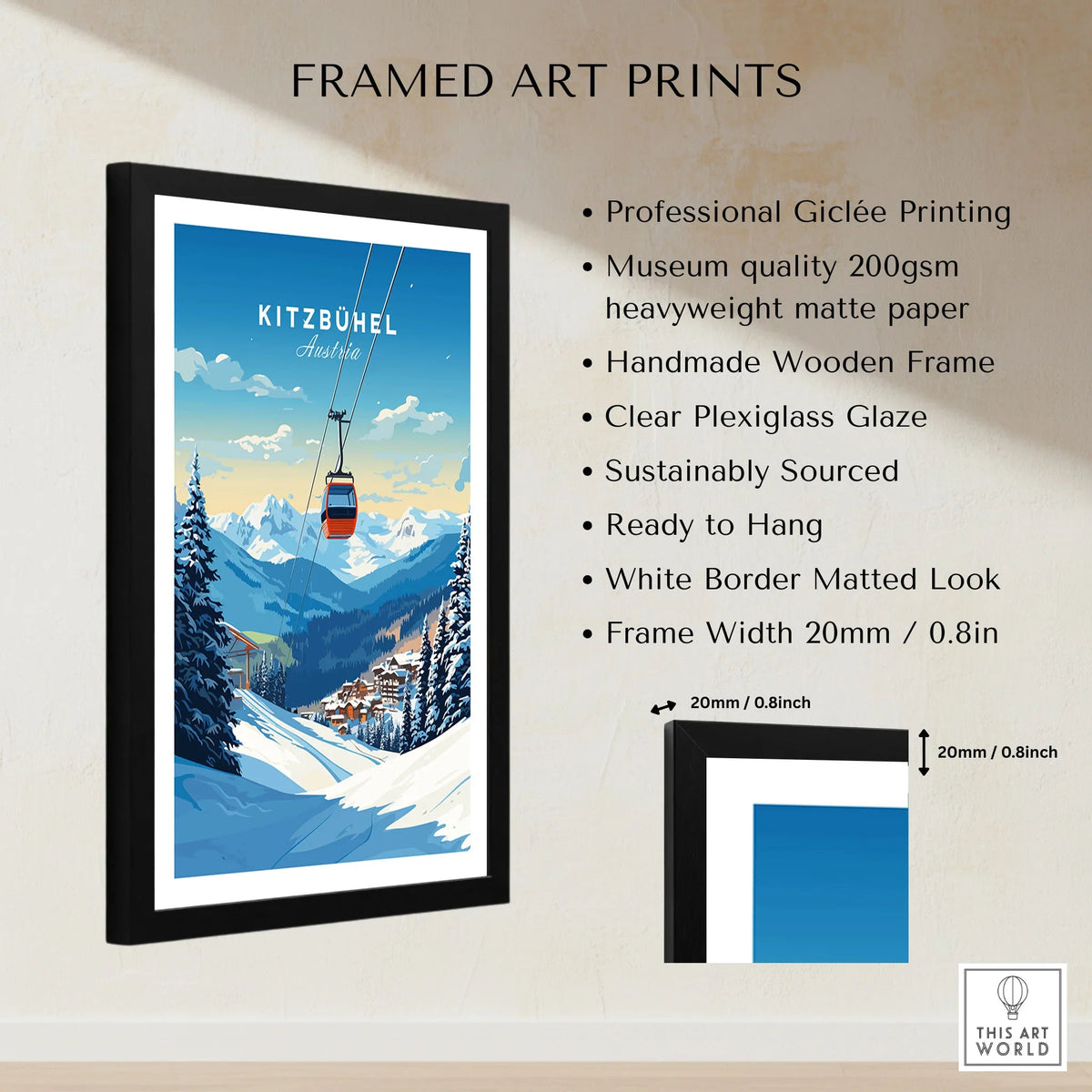 Kitzbuhel Art Print framed print specifications: handmade wooden frame, clear plexiglass glaze, 20mm frame width, ready to hang