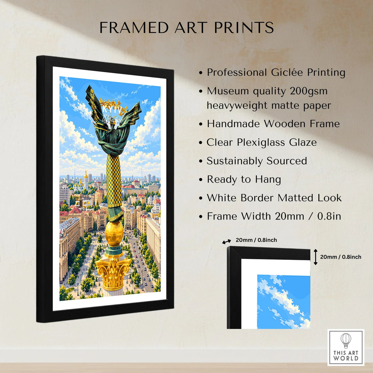 Kyiv Ukraine Independence Monument Travel Poster — the Independence Monument rising above Maidan Nezalezhnosti and the Kyiv skyline, shown as framed print details measurements quality details