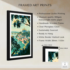 Kyiv Ukraine Golden Domes Travel Poster — golden domes on a wooded bluff above the Dnipro river, shown as framed print details measurements quality details